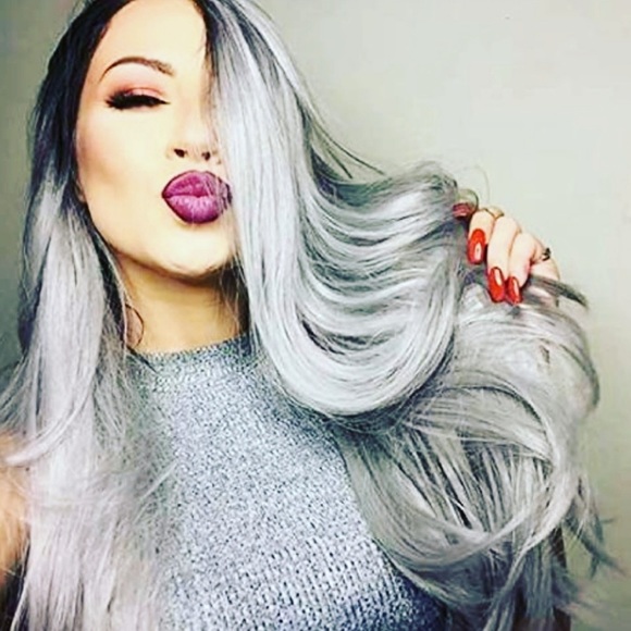 22” Ombre Black Gray Straight Lace Front Wig *NEW*